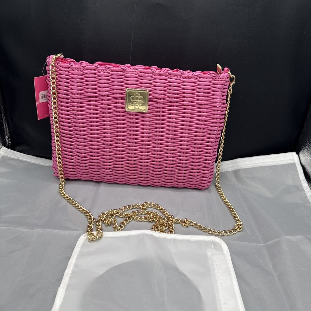 NEW Simply Southern Key Largo Barbie Hot Pink Gold Chain Woven PP Crossbody Bag